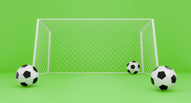 3D Render Soccer balls near soccer goal on light green background. Product display stage. Football background illustration