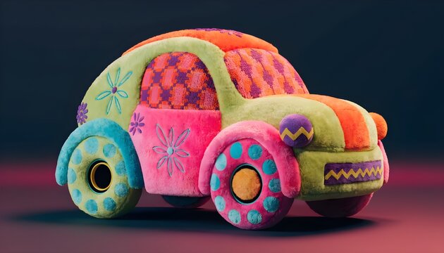 Fuzzy plush toy car with patterned fabric details colorful miniature creative automotive handmade childhood imaginative sculpture conceptual imagination whimsical fabrication stitched