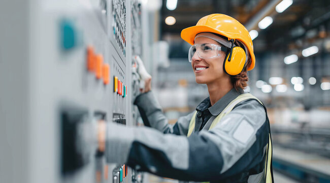 Smiling female engineer wearing hard hat and safety glasses operates an industrial control panel inside a manufacturing plant.