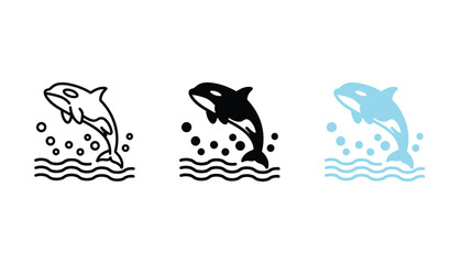 Orca whale jumping out of water icon set featuring minimalist silhouettes and line art designs for marine life themes and ocean conservation graphic assets isolated on a white background © TARU STOCKPLC