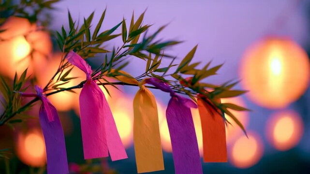 Colorful Paper Strips Bamboo Branches Evening Festival
