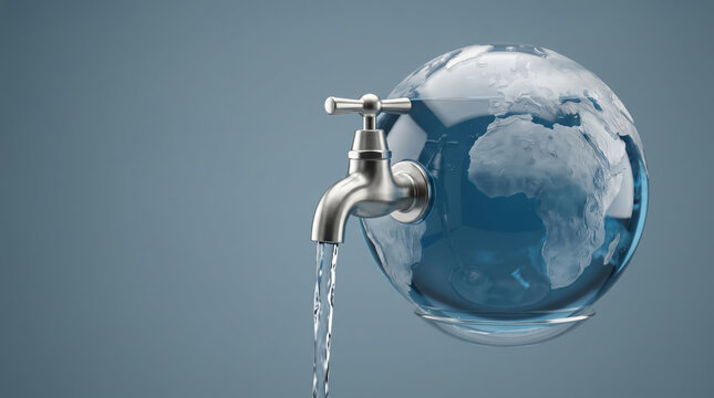 Water shortage drought concept dry world globe tap flow protect future resource crisis. Global warming climate change earth. hot heat wave warming, crisis disaster problem arid