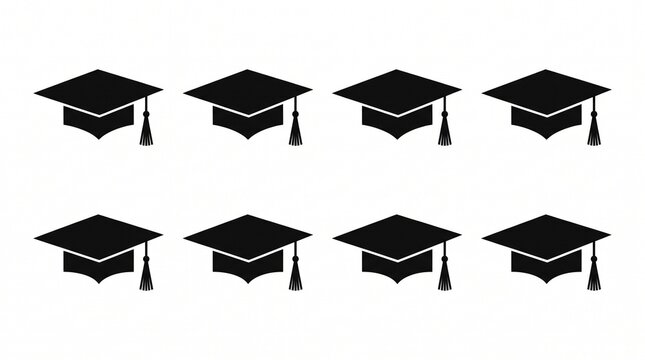 Eight black graduation caps with tassels symbolizing academic success, tradition, and celebration in minimalist vector silhouette design.