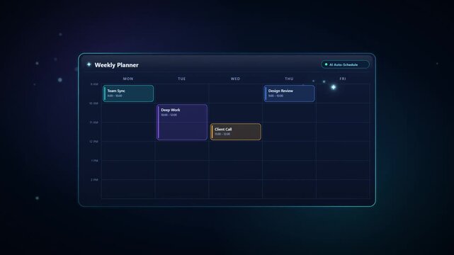 Animated AI weekly planner dashboard automatically scheduling meetings and tasks on calendar