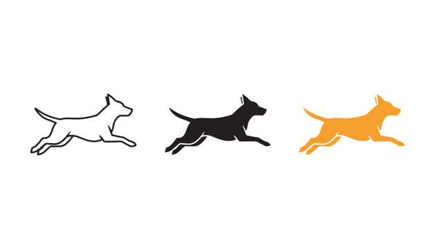 Running dog icon set with three variations including outline black silhouette and orange flat graphic for pet store or animal training branding assets isolated on white background