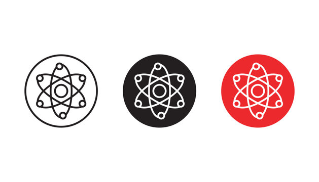 Set of three atom icons showing atomic structure and science research in black and red styles for educational design elements for modern digital laboratory and scientific research interface applicatio