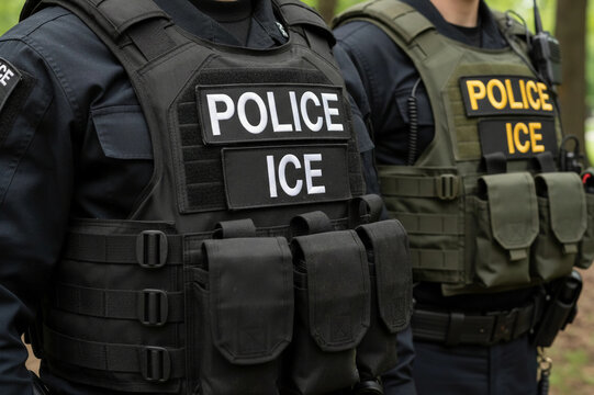 Close-up of a U.S. Border Patrol officer&rsquo;s tactical vest with POLICE patch. Olive green law enforcement gear with MOLLE webbing, photographed outdoors in natural light, symbolizing security and author