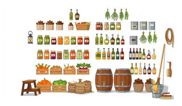 Traditional pantry cellar storage room with preserved food vector illustration