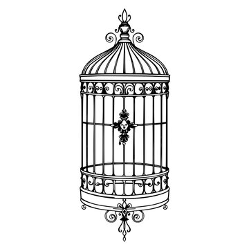 Birdcage set with ornate Victorian line art depicting a birdcage featuring birdcage, decorative latch, flourishes with black ink and white background