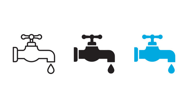 Water faucet with dripping drop icon set for plumbing services and conservation awareness programs in clean minimalist vector style suitable for digital web interface design