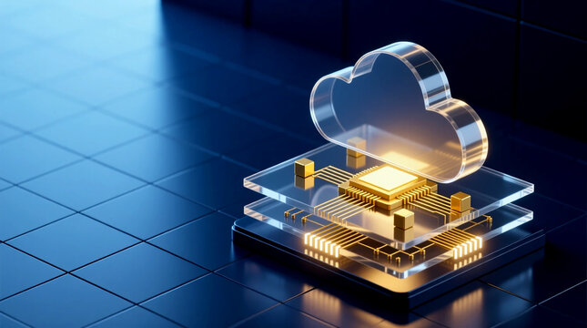 Glowing microprocessor powering layered glass cloud server platform on dark digital background 3D render representing future enterprise Cloud computing concept