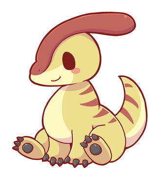 Authentic Hand Drawn Cute Parasaurolophus Illustration &ndash; Kawaii Chibi Dinosaur Character Original Illustration
