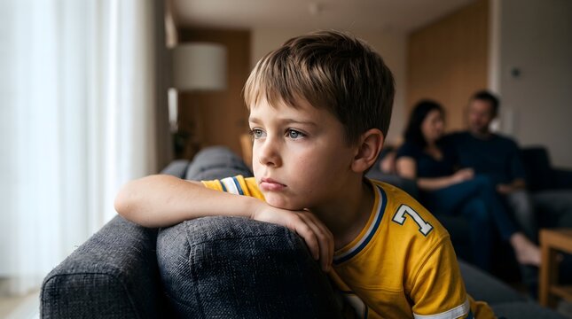 Sad young boy pouting on a sofa looking away while parents sit together in blurred background showing loneliness and child psychology concept