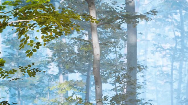 Tall trees are seen in a forest with light shining through the leaves. A thick mist covers the ground, creating an atmosphere of mystery and depth in the landscape.