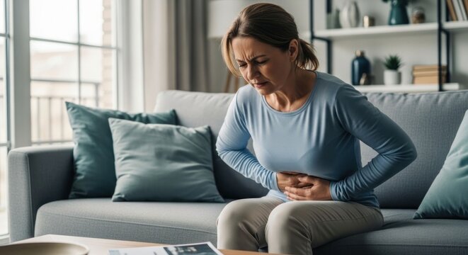 Woman Suffering From Abdominal Pain While Sitting On Sofa At Home.