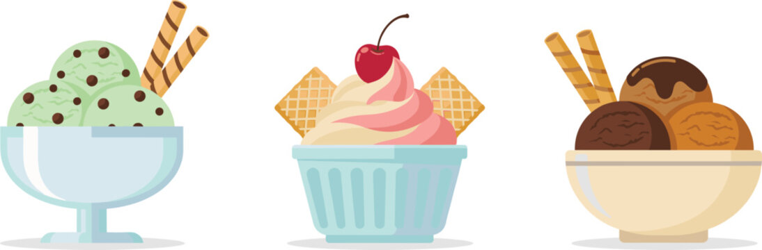 Ice Cream Sundae and Frozen Yogurt Bowl Vector Set Featuring Chocolate Mint Cherry Topping and Wafer Biscuit Straw Dessert Illustration Elements