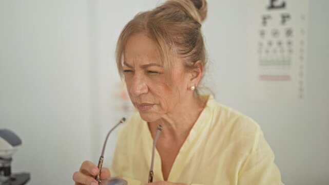 Woman adjusts eyeglasses and squints during an optical vision check in an exam building, wearing a yellow blouse; concern clarity.