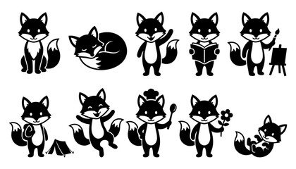 Obraz premium Fox Character Icon Set with Cute Black and White Cartoon Animals in Various Poses for Playful Design Graphics