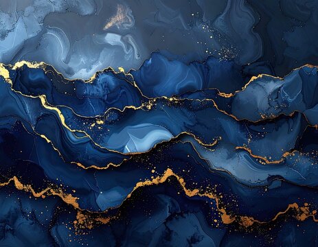 Abstract dark blue and gold marbled waves, flowing liquid art