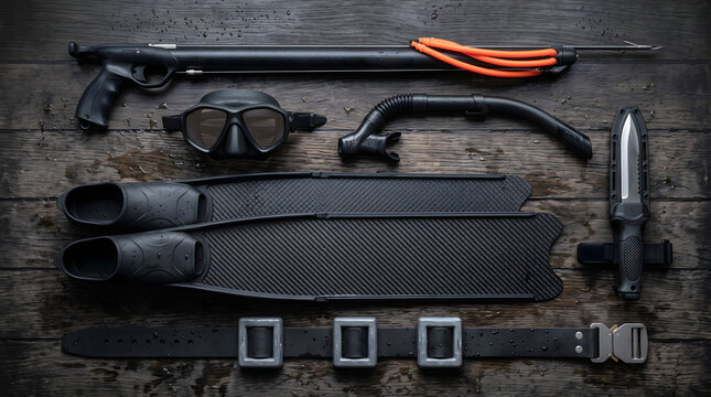 Flat lay of professional spearfishing and freediving gear including a speargun, mask, carbon fins, snorkel, knife, and weight belt on wet wood