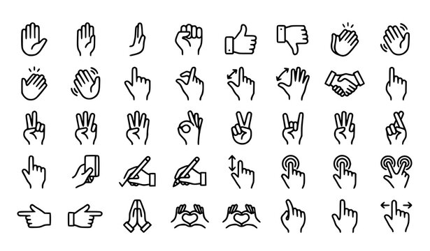 Editable stroke hand icon collection vector with linear gesture and touch symbols