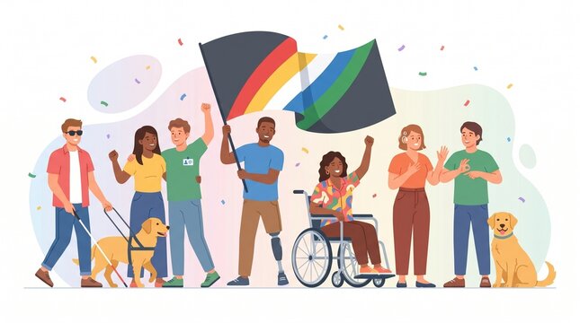 Diverse group celebrating inclusion with rainbow flag and confetti; people of different abilities including wheelchair user and man with cane, with two guide dogs, smiling and waving