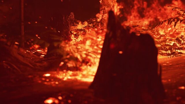 Flames rage in a forest, consuming trees and ground. Smoke fills the air while glowing embers float. The scene shows the force of nature at night amidst darkness and chaos.
