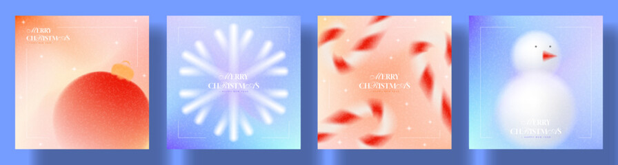 Fototapeta premium Merry Christmas and Happy New Year holiday cards. Gradient style vector posters with Christmas ball, snowflake, snowman, candy canes and typography design. Trendy minimalist New Year posters.