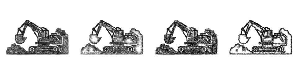 Fototapeta premium Sketch monochrome mining excavator icon design set