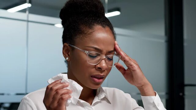 Young African American businesswoman suffering from a headache or migraine, feeling unwell at work, holding her head in pain, and looking tired and stressed.