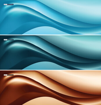 Modern vector background templates featuring smooth, flowing abstract wave designs in blue and metallic bronze tones.