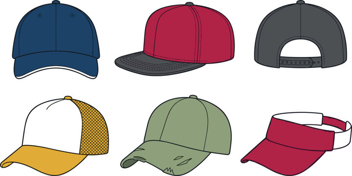 Baseball Cap and Headwear Vector Mockup Set Featuring Snapback Trucker Hat Sun Visor and Distressed Dad Cap Templates for Apparel Clothing Designs