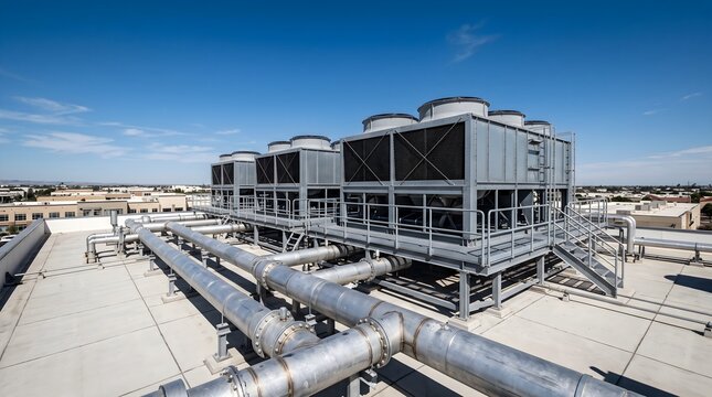 Large industrial HVAC cooling tower units and metal pipes on commercial rooftop building under clear blue sky commercial technology abstract concept