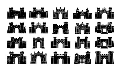 Medieval castle gate icons set, black silhouette fortress entrance vector collection, 20 gothic stone archway and tower symbols for heraldry and gaming © Asset Aura