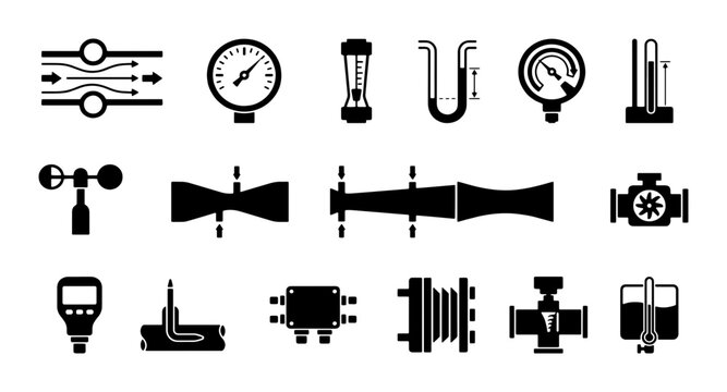 Industrial measurement icons set, pressure gauge and flow meter vector symbols, plumbing and hydraulic engineering equipment silhouettes for technical diagrams