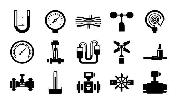 Industrial measurement icons, 15 black vector symbols of pressure gauges and flow meters, scientific laboratory equipment set for engineering