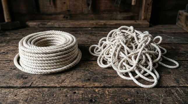 Coiled and tangled white rope on wood.