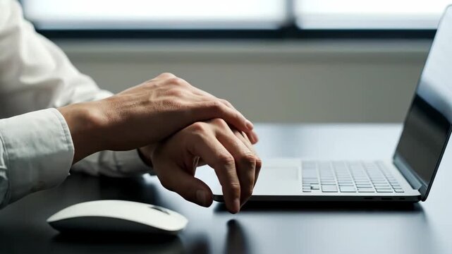 Person suffering from wrist pain while working on a laptop computer at a desk, illustrating health issues and discomfort.