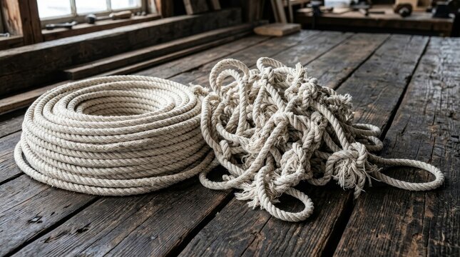 Coiled rope on wooden surface.