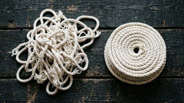 Coiled and tangled white rope.
