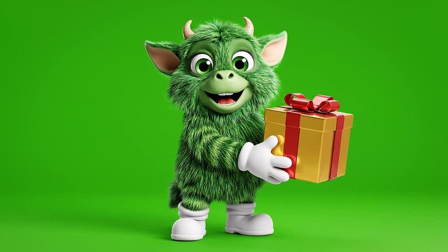 Adorable Fantasy Monster Presenting Gift Box Green Screen Character Animation For Commercial Projects