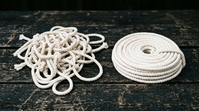 Coiled and uncoiled white ropes side by side.