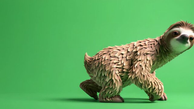 3D stylized animated sloth, shaggy fur, deliberately inches right on green screen, tranquil slow motion.