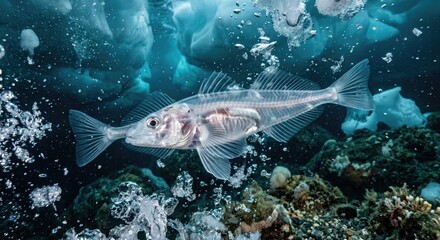 Fototapeta premium Fish swimming near ocean floor with plastic pollution