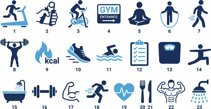 Gym and fitness flat icons set featuring workout training exercise healthy lifestyle nutrition and bodybuilding symbols.eps