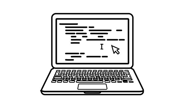Minimalist black line art laptop displaying software code programming screen with a mouse cursor