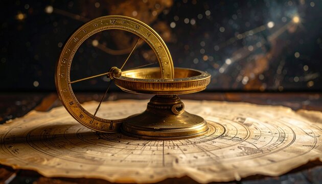 Polished Brass Astrolabe with Intricate Celestial Markings Resting on Antique Star Chart