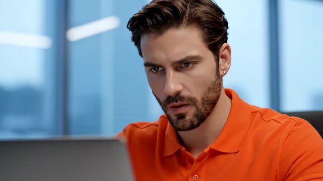 Serious young businessman with beard working on laptop in modern office, looking intently at screen.