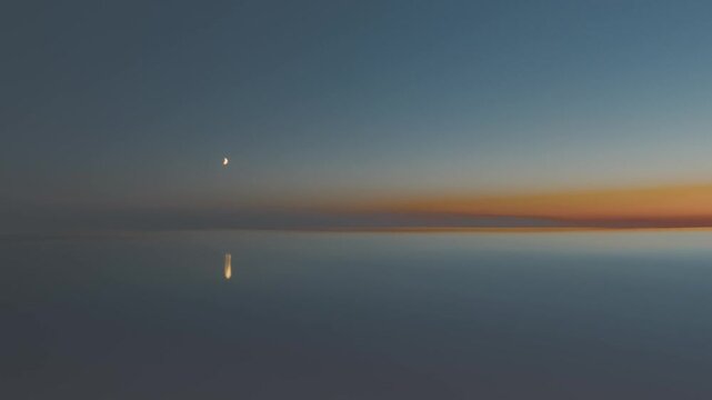 Serene sea horizon with crescent moon and twilight sky reflection, 3D render
