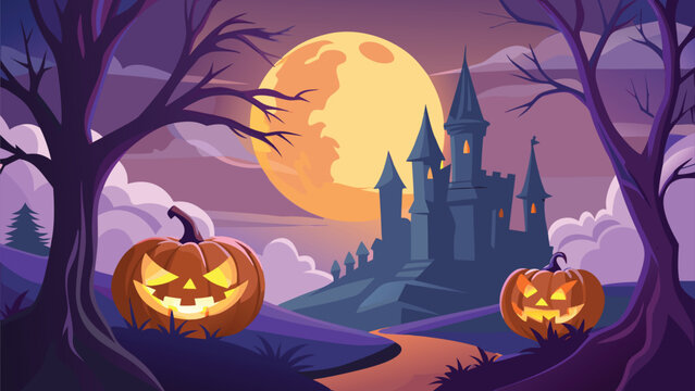 Halloween castle scene with carved pumpkins under a full moon with spooky trees and dramatic lighting vector illustration